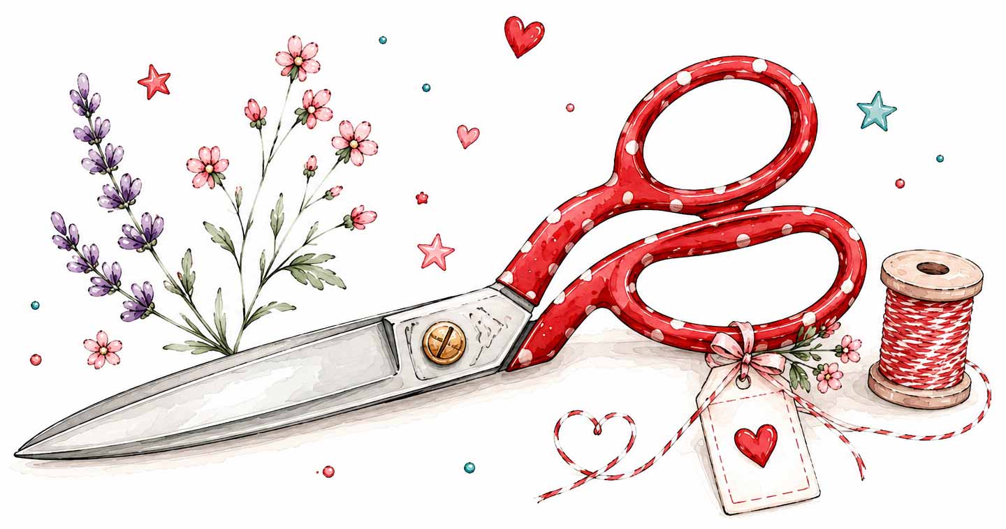 Aquarell-Illustration einer roten Stoffschere mit Blumen, Garnrolle und Herzen