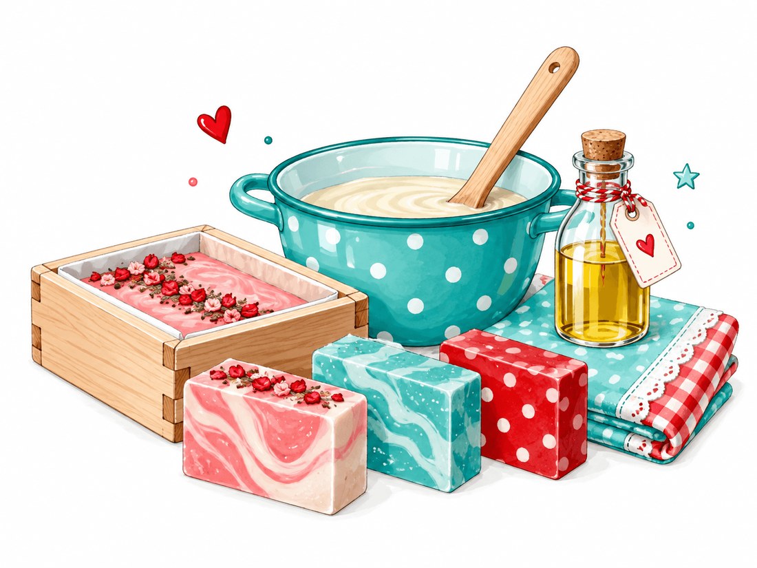 Handgemachte Seifenstücke in Rot, Rosa und Türkis neben einer Schüssel mit Seifenmasse und einer Ölflasche