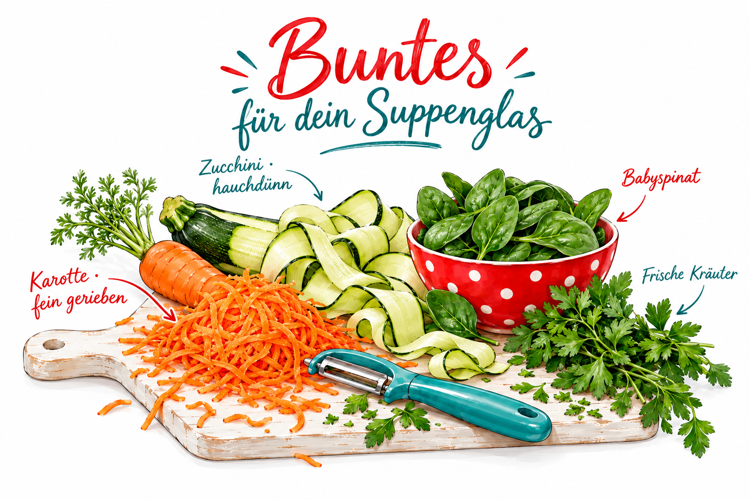 Buntes für dein Suppenglas: Karotte fein gerieben, Zucchini hauchdünn, Babyspinat und frische Kräuter auf dem Schneidebrett