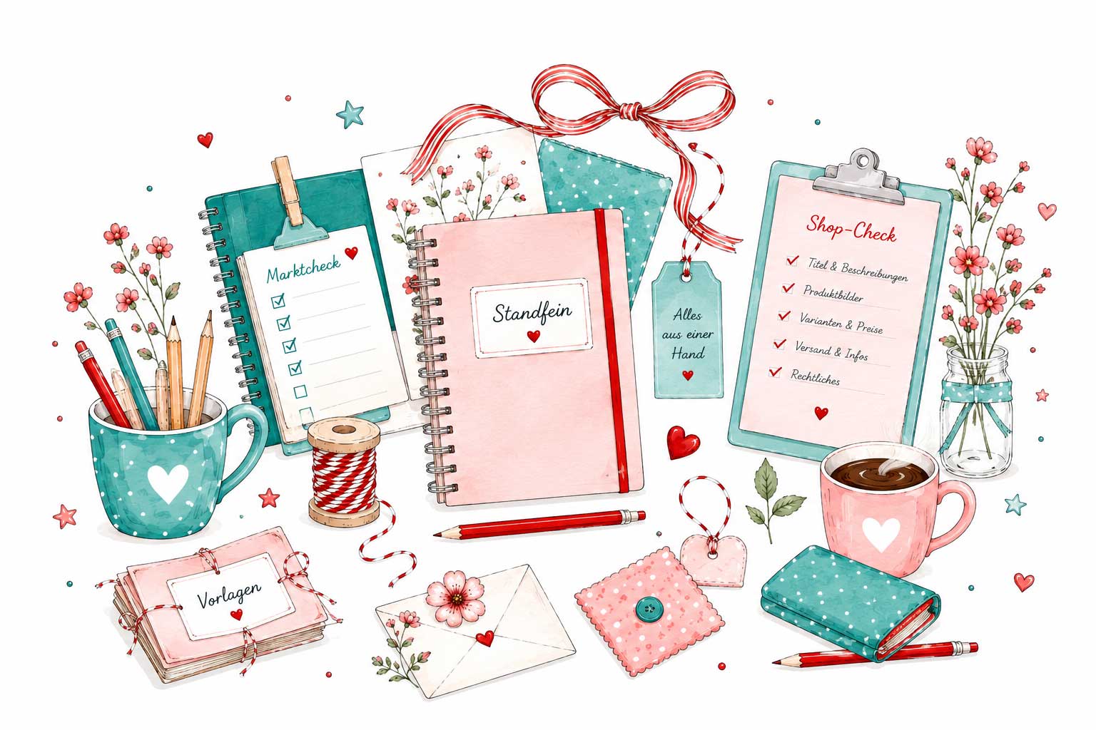 Aquarell-Illustration für Standfein Komplett: rosa Notizbuch mit Etikett „Standfein“, Marktcheck-Liste, Shop-Check-Klemmbrett, Vorlagen, Geschenkanhänger „Alles aus einer Hand“, Stifte, Garnrolle und Blumen.