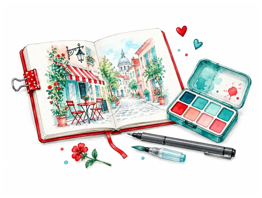 Offenes Skizzenbuch mit Aquarell einer Altstadtgasse mit Café, daneben Malkasten und Pinselstift