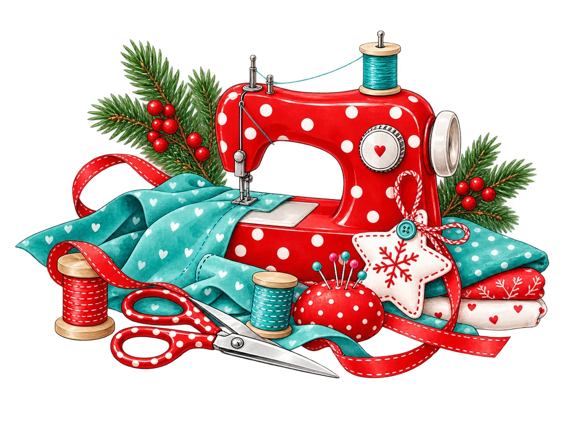 Rote Nähmaschine mit Stoffen und weihnachtlichen Nähideen