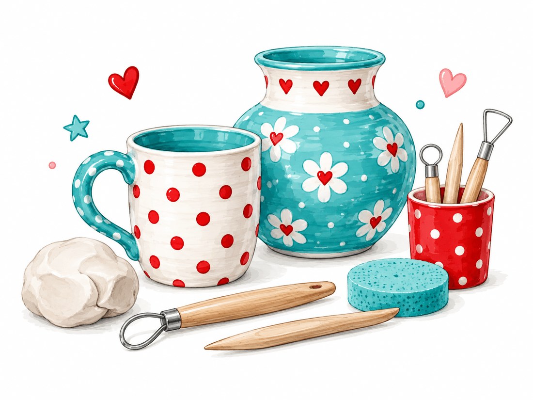 Bemalte Keramik: türkise Vase mit Blumen, gepunktete Tasse und Töpferwerkzeuge aus Holz