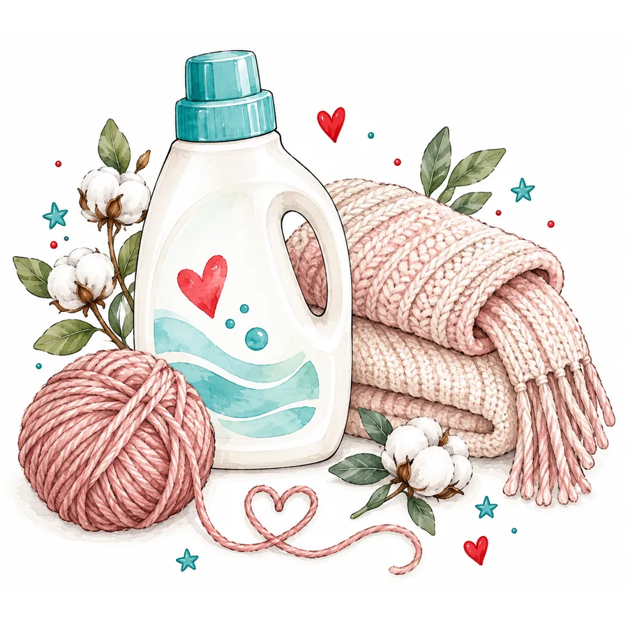 Illustration: Waschmittel-Flasche mit Herz neben Wollknäuel, gewirktem Schal und Baumwollzweigen
