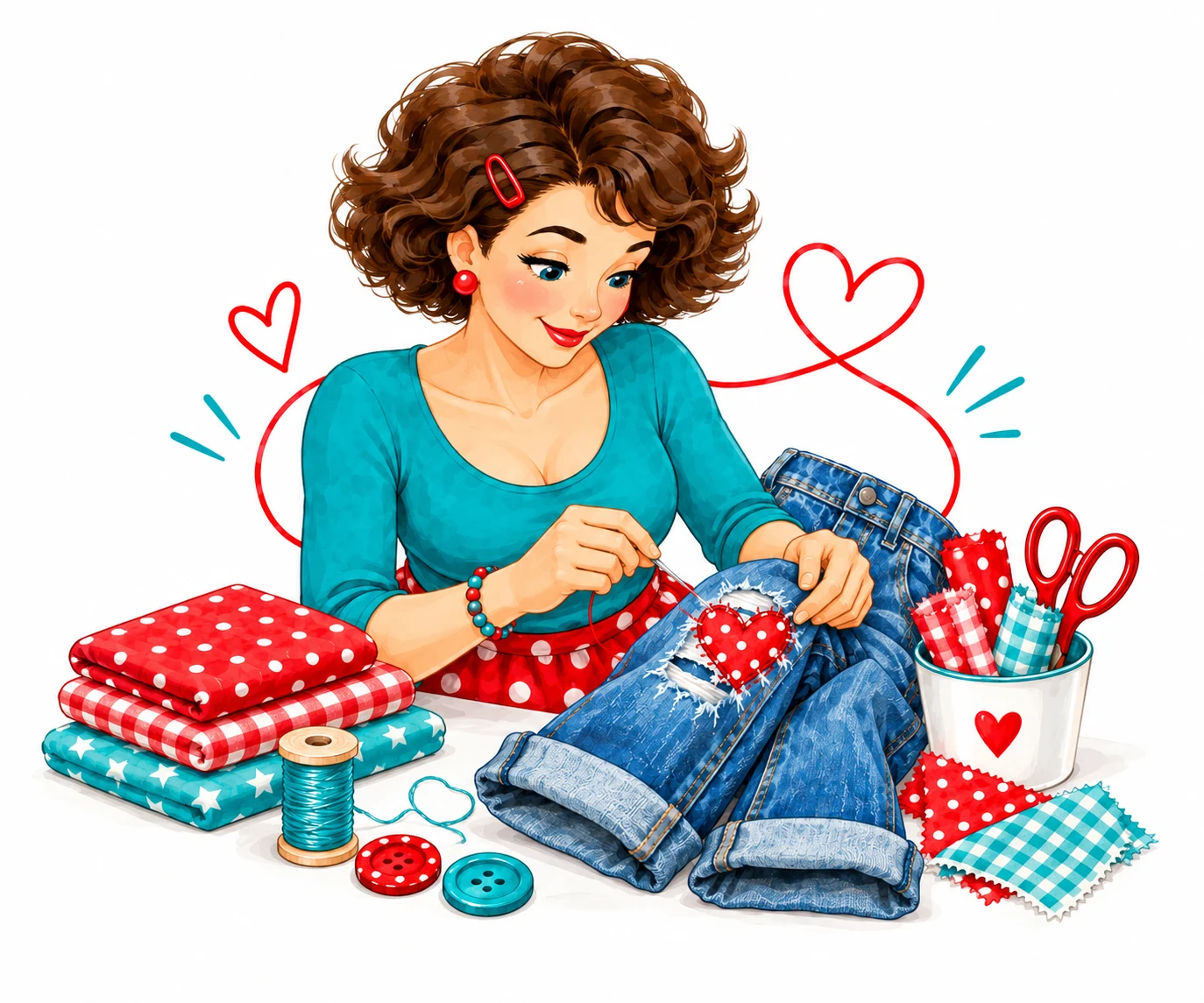 Tante Ema flickt eine Jeans mit einem roten Herz aus Stoff
