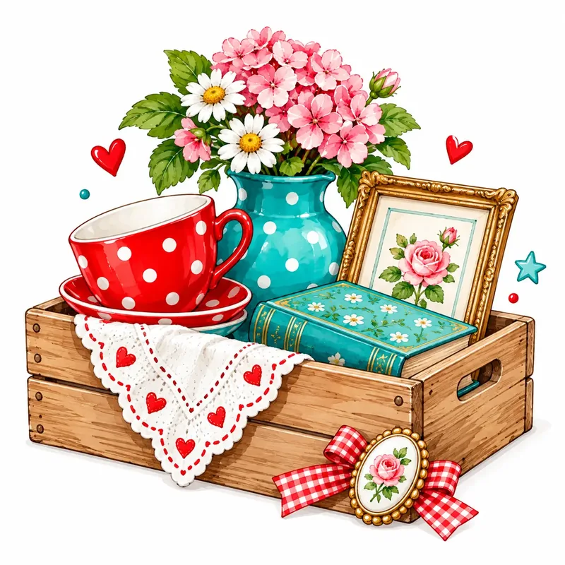 Holzkiste voller Flohmarkt-Schätze: rote Tupfentasse, Blumenvase, altes Buch, Bilderrahmen und Spitzentuch