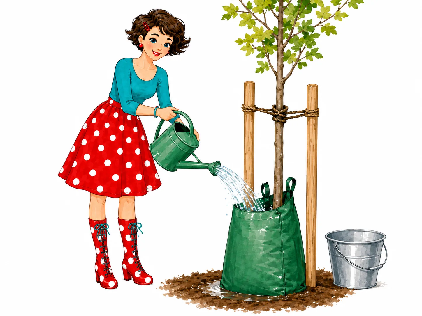 Illustration: Tante Ema gießt einen frisch gepflanzten, mit Stäben gesicherten jungen Baum mit einer grünen Gießkanne
