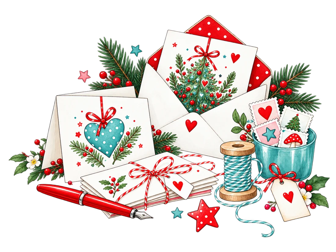 Weihnachtskarten, Umschläge und bunte Bänder für Grüße
