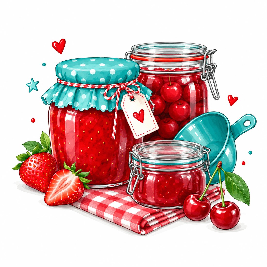 Gläser mit Erdbeermarmelade und eingemachten Kirschen, frische Erdbeeren und Kirschen auf einem karierten Tuch