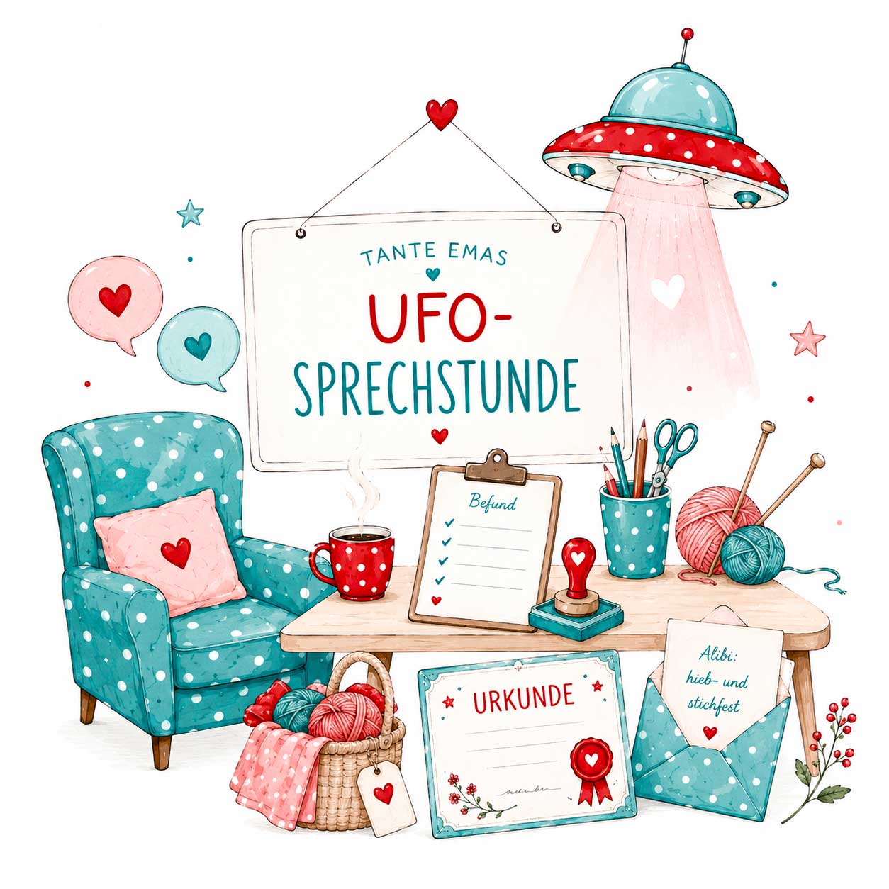 Tante Emas UFO-Sprechstunde – Sessel, Klemmbrett mit Befund, Urkunde, Stoff-Alibi und ein rot-türkises UFO über einem Wollkorb