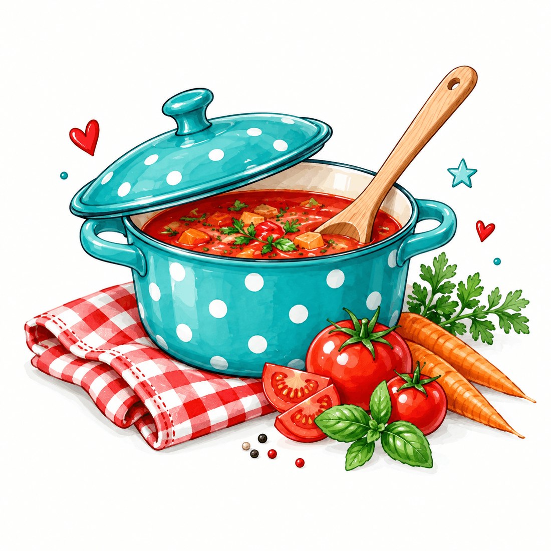 Türkiser Kochtopf mit Gemüsesuppe, Tomaten, Möhren, Kräutern und einem rot-weiß karierten Küchentuch