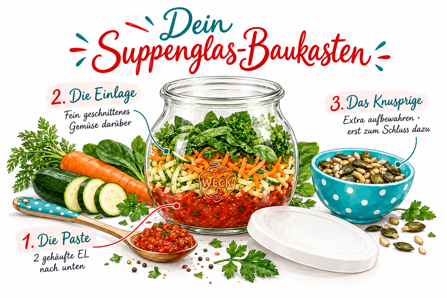 Dein Suppenglas-Baukasten in drei Schichten: unten die Paste, in der Mitte Gemüse und Einlagen, oben das Knusper-Topping
