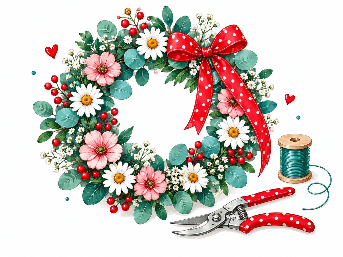 Blumenkranz aus weißen und rosa Blüten, roten Beeren und Eukalyptus mit roter Schleife, Draht und Gartenschere