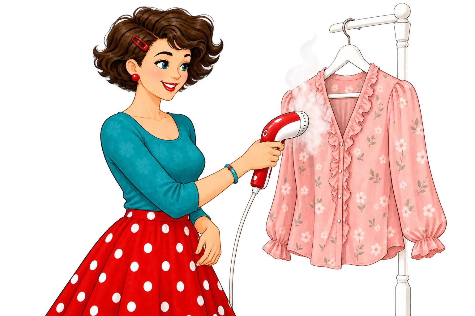 Tante Ema glättet eine hängende Bluse mit einem Steamer