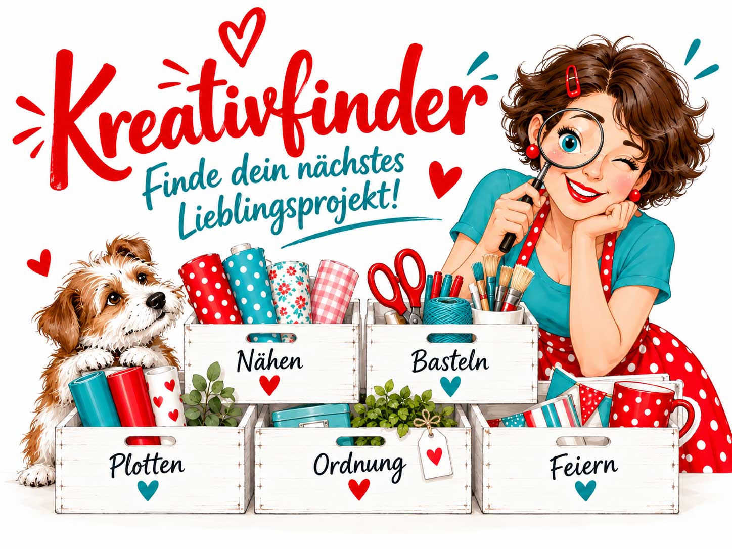 Illustration: eine Frau mit Lupe und ein kleiner Hund zwischen Holzkisten mit Bastelmaterialien