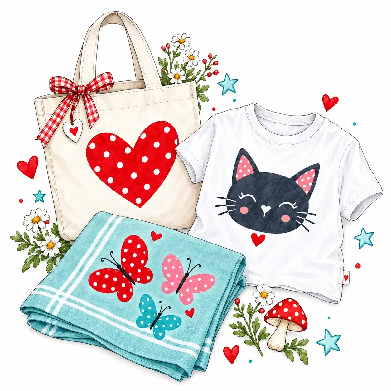Illustration: Gestaltete Stücke – Stofftasche mit Herz, Kindershirt mit Katzengesicht und Tuch mit Schmetterlingen