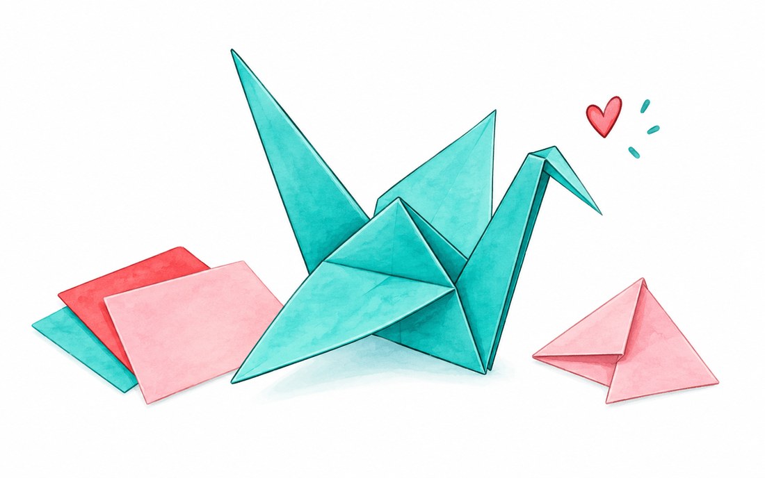 Türkiser Origami-Kranich neben bunten Faltpapieren und einem rosa gefalteten Papierhut