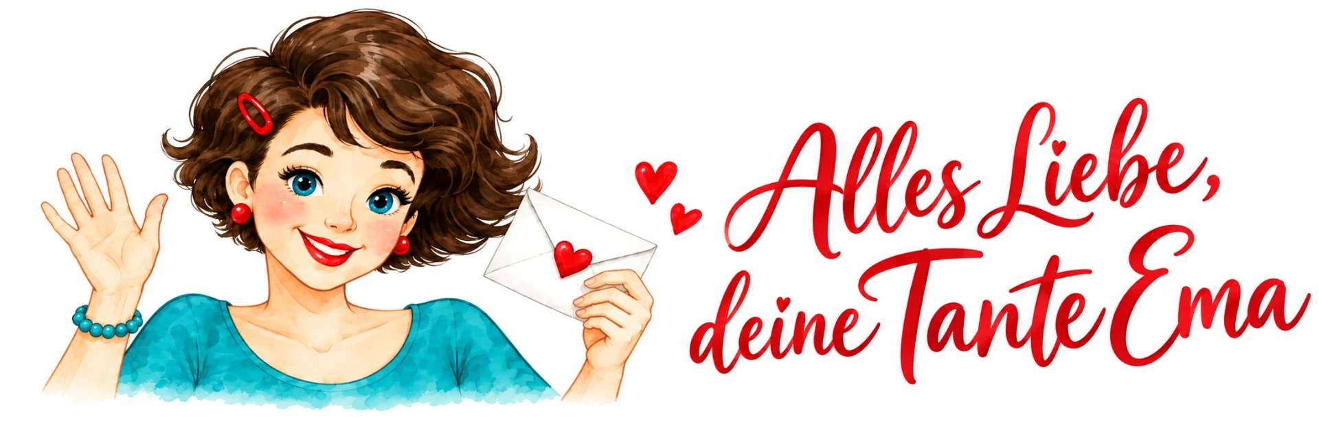 Tante Ema winkt und hält einen Brief: Alles Liebe, deine Tante Ema