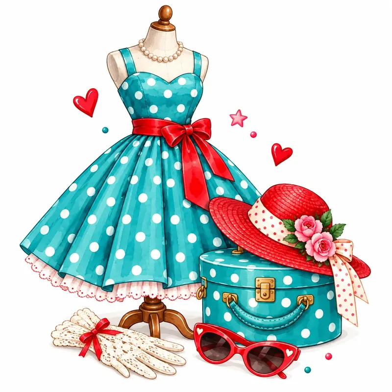 Vintage-Petticoat-Kleid in Petrol mit weißen Tupfen auf Schneiderpuppe, dazu roter Hut, Hutschachtel und Spitzenhandschuhe