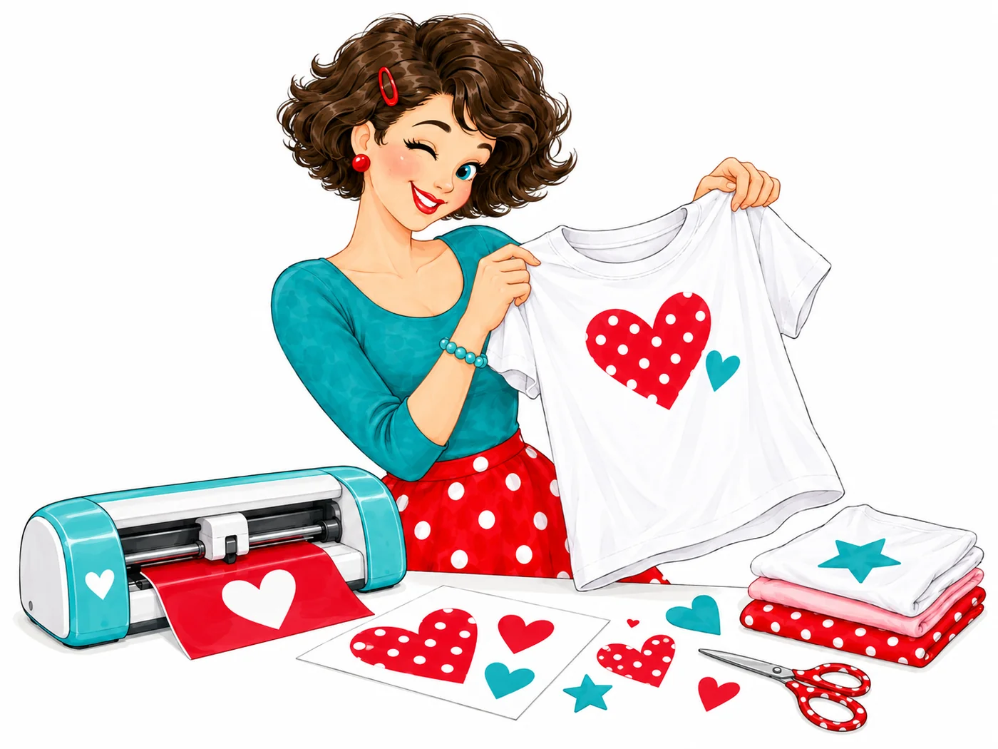 Illustration: Eine Frau hält stolz ein weißes T-Shirt mit aufgebügeltem Herz in die Kamera