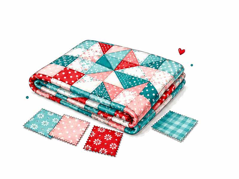 Gefaltete Patchwork-Decke aus roten, rosa und türkisen Dreiecken mit Stoffquadraten