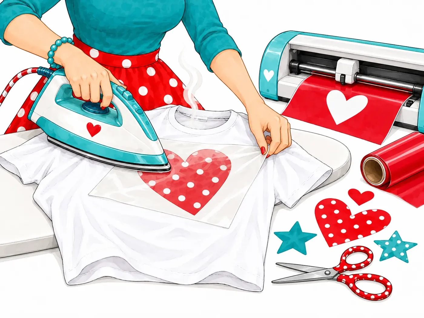 Illustration: Tante Ema drückt ein Bügeleisen auf das abgedeckte Herzmotiv auf einem weißen Shirt