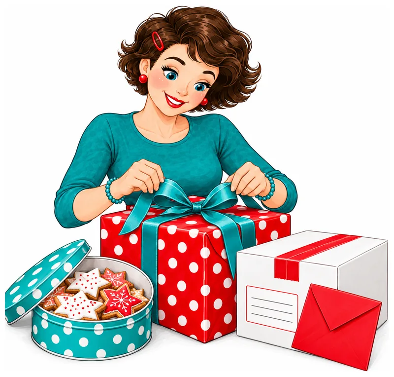 Tante Ema verpackt ein getupftes Geschenk mit türkiser Schleife, daneben Keksdose und Paket