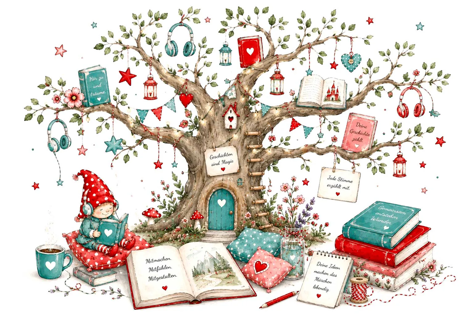 Mitmachmärchen von Tante Ema: Ein Wunschbaum mit Büchern, Kopfhörern, Herzen und einem lesenden Zwerg