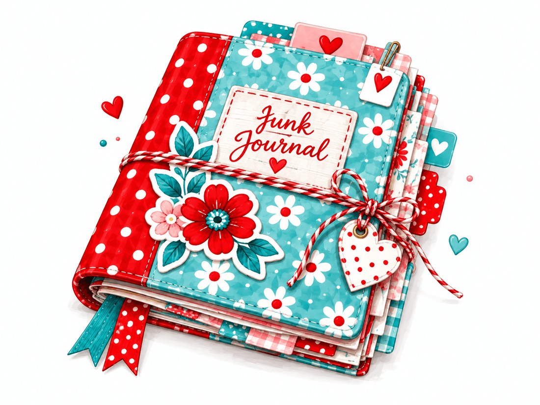 Verziertes Junk Journal mit Blumen, Herz-Anhänger und rot-weißer Schleife, darauf der Schriftzug „Junk Journal“