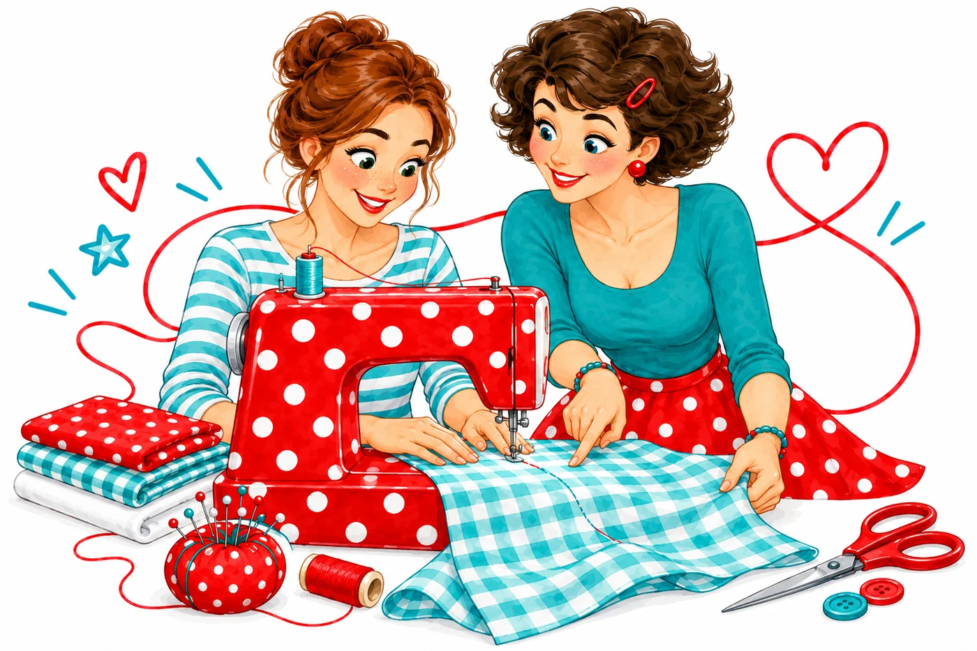 Illustration: Zwei Frauen nähen gemeinsam an einer rot-weiß gepunkteten Nähmaschine