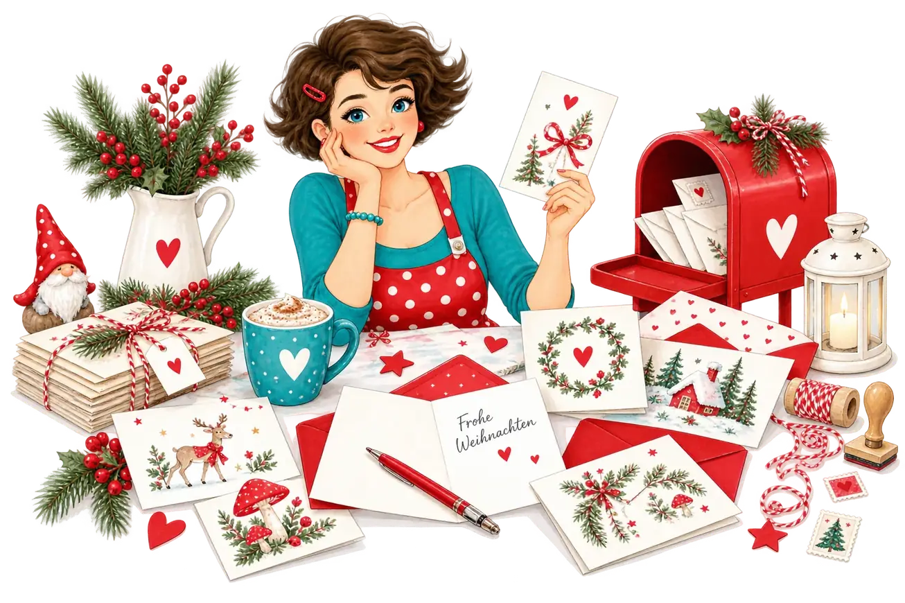 Tante Ema mit Weihnachtskarten vor einem roten Postfach