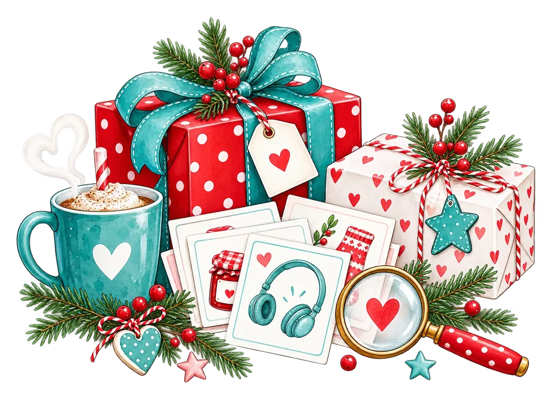 Geschenke mit Tante-Emas Geschenkefinder und einer Tasse Kakao