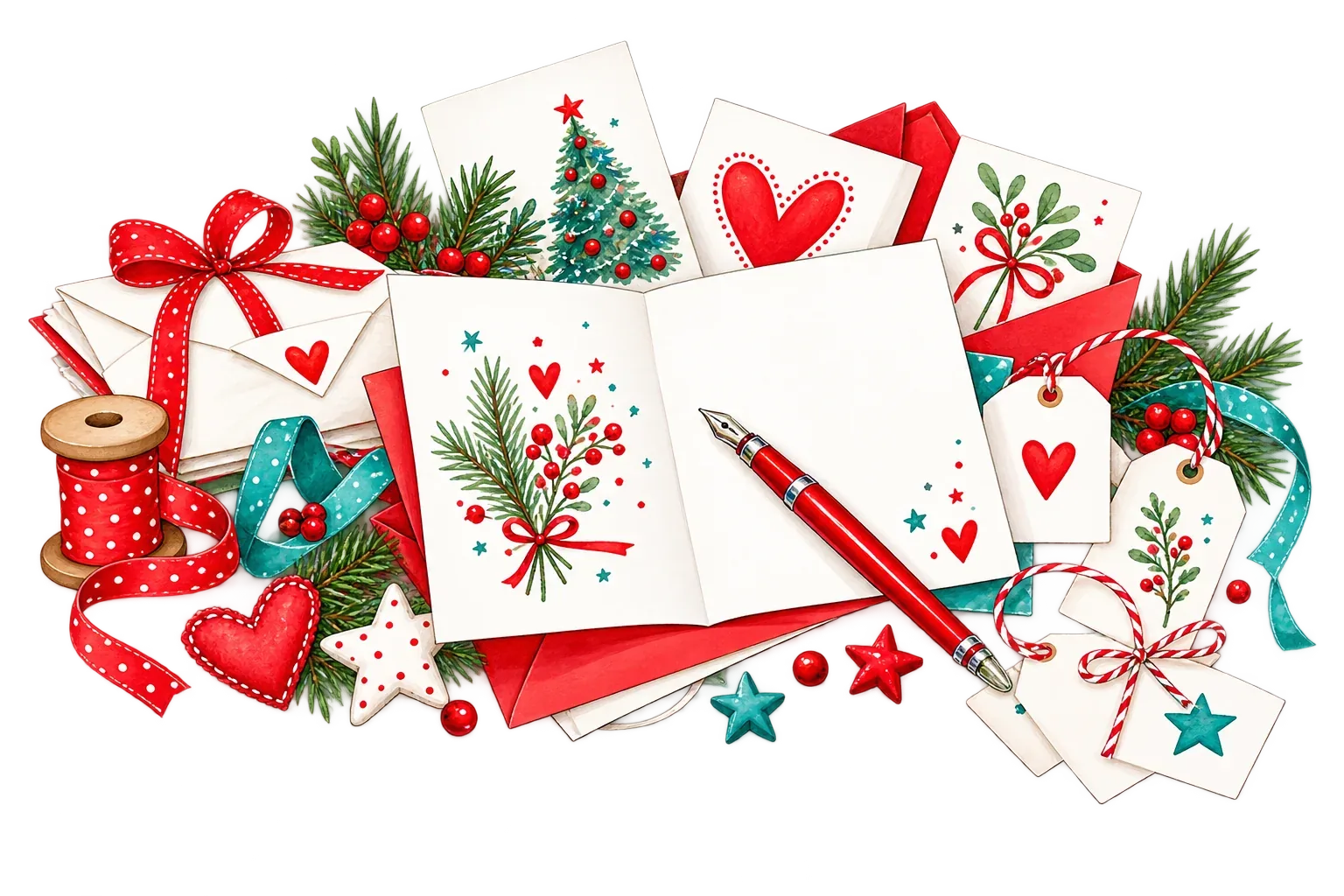 Weihnachtskarten, Briefe und Geschenkanhänger mit roten Bändern und Tannengrün
