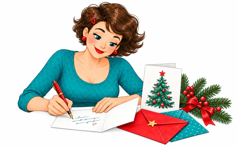 Handgeschriebene Weihnachtskarte mit Stift und Tannenzweig.