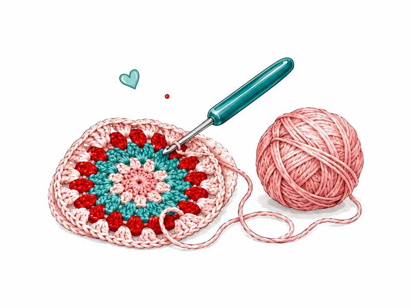 Runde Häkelblume in Rosa, Rot und Türkis mit Häkelnadel und Wollknäuel