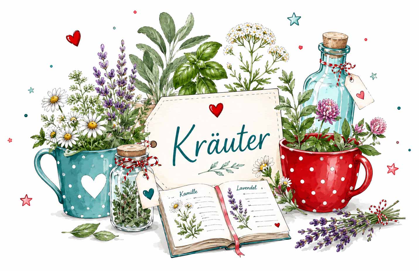 Kräuter in Tassen und Gläsern, ein offenes Kräuterbuch mit Kamille und Lavendel sowie ein Holzschild mit der Aufschrift Kräuter im handgezeichneten Tante-Ema-Stil