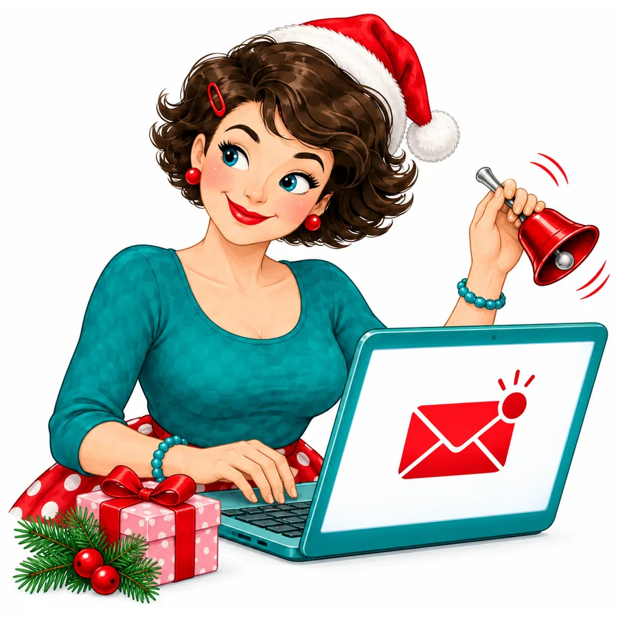 Tante Ema mit Weihnachtsglocke am Laptop – eine Mail mit Erinnerungen trifft ein