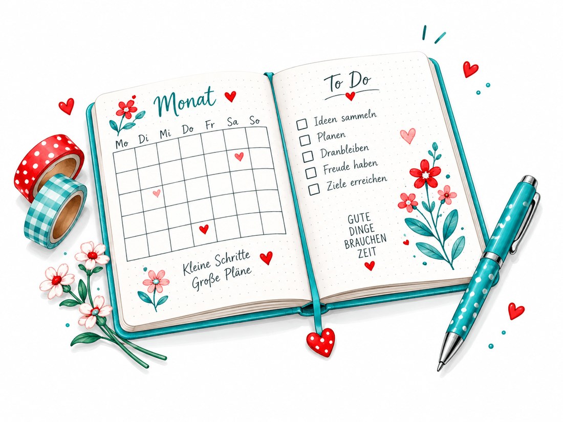 Aufgeschlagenes Bullet Journal mit Monatskalender und To-do-Liste, daneben Washi-Tape und ein türkiser Stift