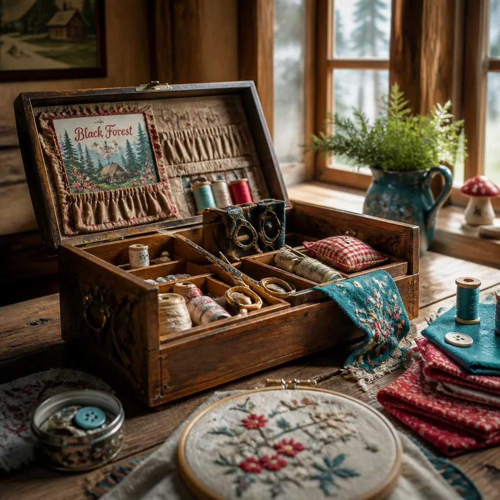 Altes hölzernes Nähkästchen mit Stoffen, Garn und Stickerei auf einem Tisch im Schwarzwald