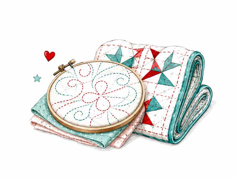 Stickrahmen mit rot-türkiser Blumenstickerei auf Quilt