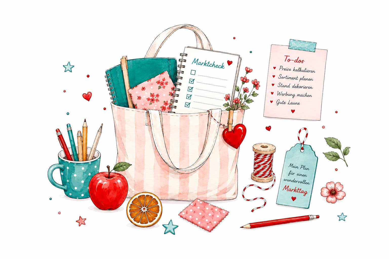 Aquarell-Illustration für Standfein Markttag: eine gestreifte Markttasche mit Marktcheck-Liste, Stifte, Apfel, Orangenscheibe, Garnrolle und einem Etikett mit dem Text „Mein Plan für einen wundervollen Markttag“.