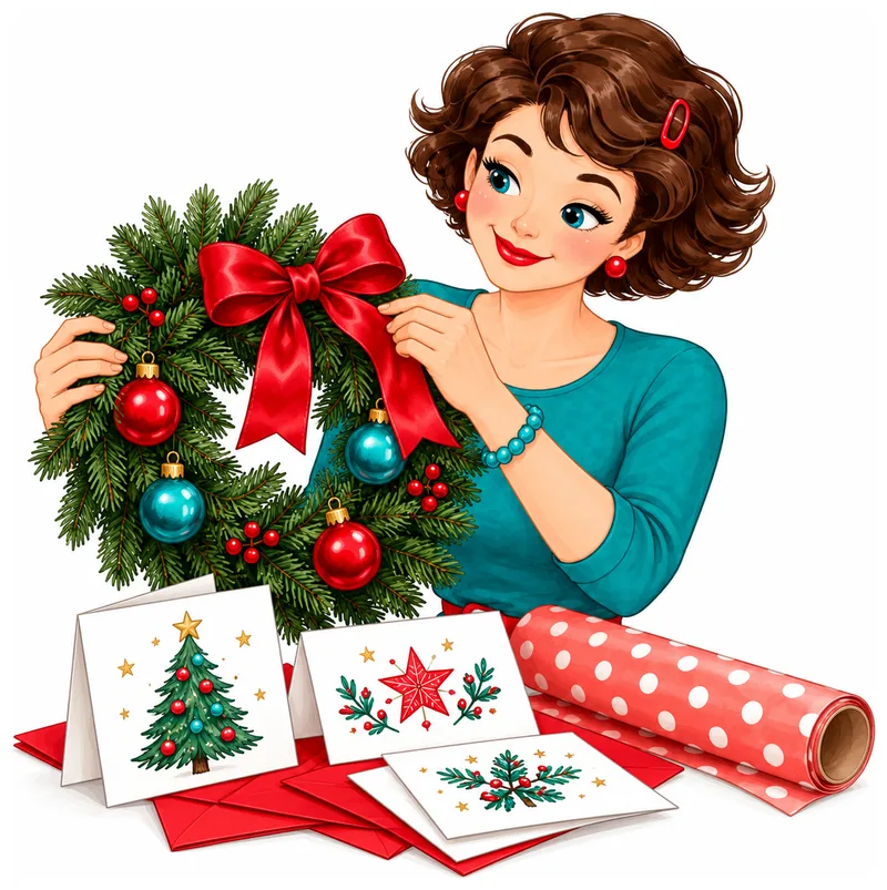 Tante Ema bindet eine rote Schleife an einen Tannenkranz mit Kugeln, daneben Weihnachtskarten und Geschenkpapier