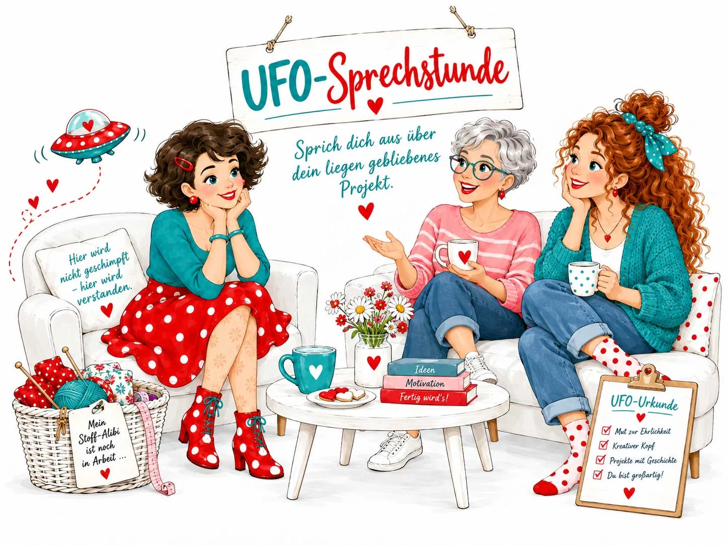 UFO-Sprechstunde – Tante Ema und zwei Frauen sitzen gemütlich auf dem Sofa, darüber das Schild „UFO-Sprechstunde – Sprich dich aus über dein liegen gebliebenes Projekt“, daneben ein UFO, der Korb mit dem Zettel „Mein Stoff-Alibi ist noch in Arbeit …“ und die Klemmbrettafel „UFO-Urkunde“