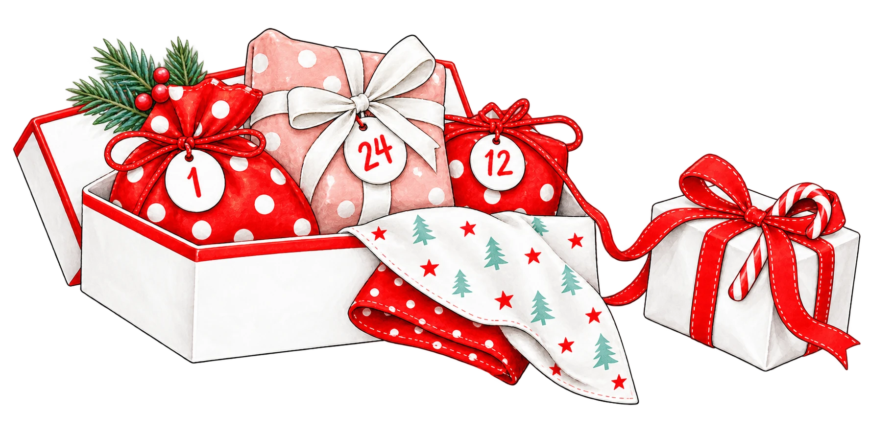 Tante Emas geheimes Musterarchiv: Adventsbox mit nummerierten Päckchen, Weihnachtsstoffen und Geschenk mit roter Schleife