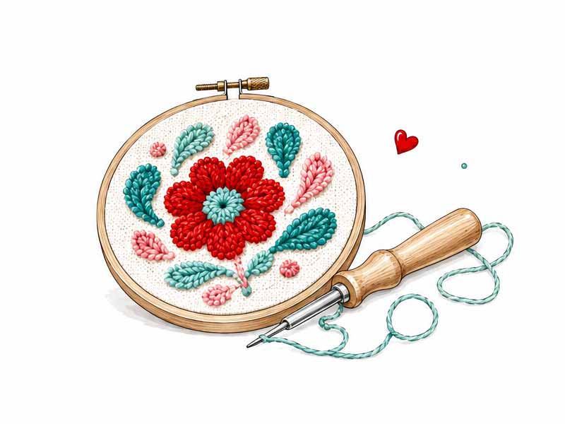 Stickrahmen mit gepunchter roter Blume und Punch-Needle-Werkzeug