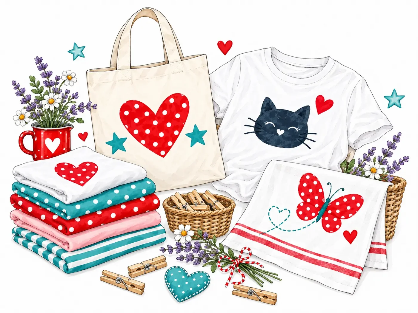 Illustration: Fertige Textilien mit Motiven, daneben ein Korb mit Wäscheklammern und eine rote Tasse mit Blumen