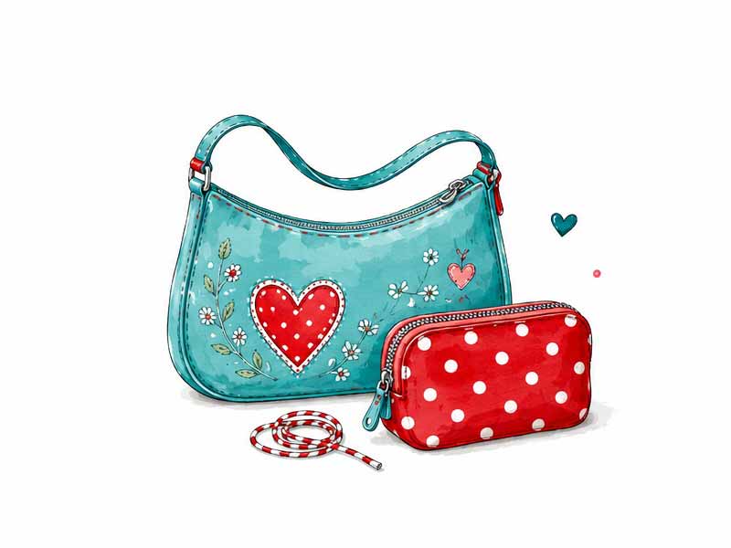 Türkise Handtasche mit Herz-Applikation und rote Polka-Dot-Tasche