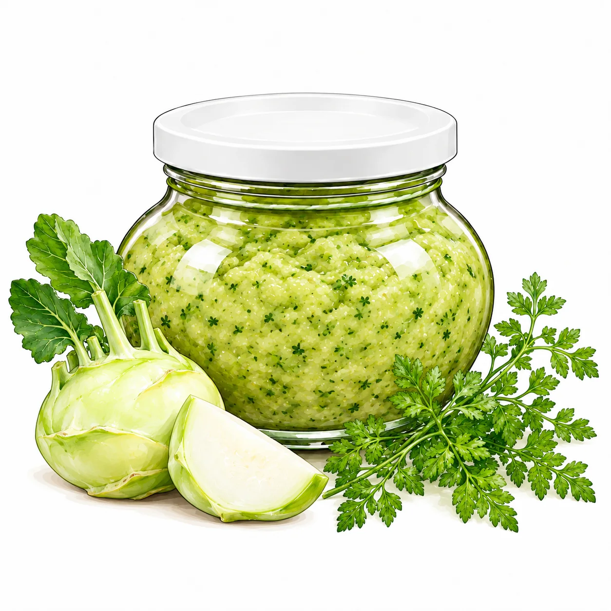 Glas mit Kohlrabi-Kerbel-Paste und ihren Zutaten