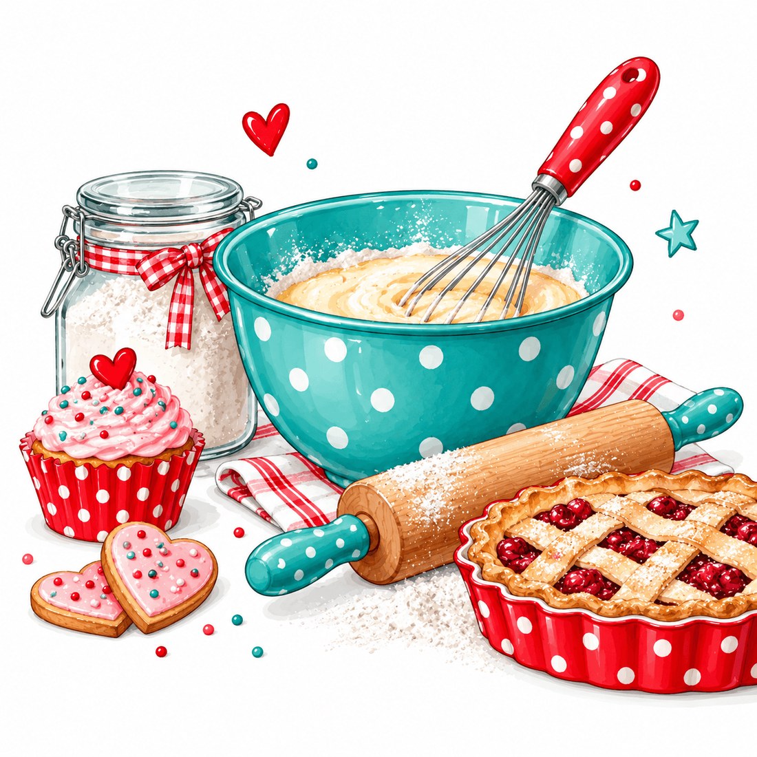 Türkise Rührschüssel mit Schneebesen, Nudelholz, Kirschkuchen, Cupcake, Herzkeksen und Mehlglas