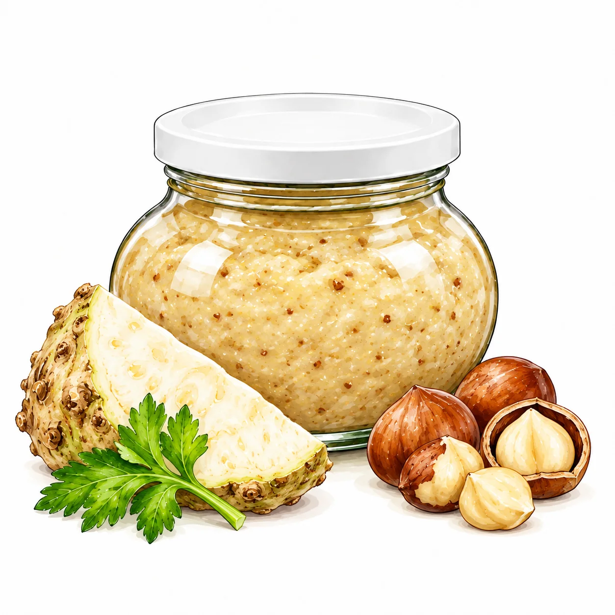 Glas mit Sellerie-Haselnuss-Paste und ihren Zutaten